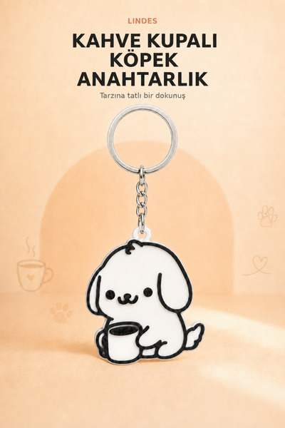 Kahve Kupalı Sevimli Köpek Figürlü Anahtarlık - Çanta ve Anahtar Aksesuarı