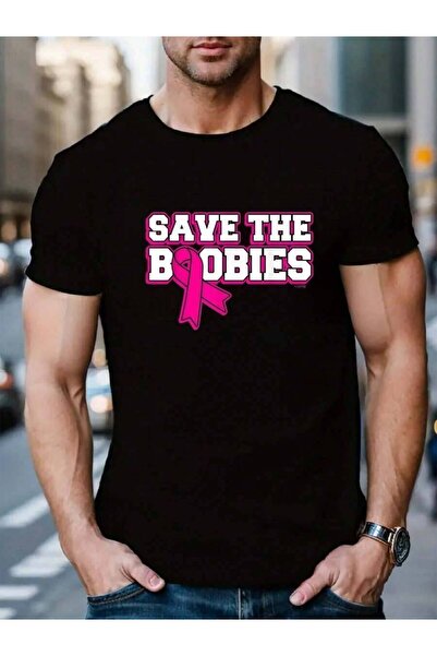 KYMC07 100% قطن من ماركة Save The Boobies، تي شيرت نسائي رجالي أسود برقبة دائ...