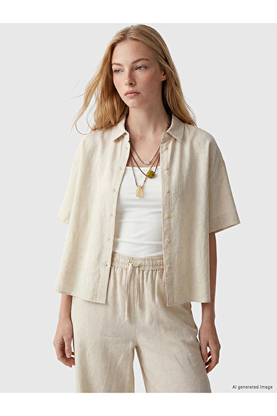 LC Waikiki XSIDE Μπεζ Oversize Γυναικείο Πουκάμισο από Μείγμα Λινών