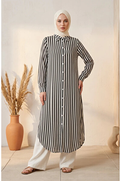 sefamerve Shirt Collar Striped Buttoned Linen Tunic 0332-03 Black