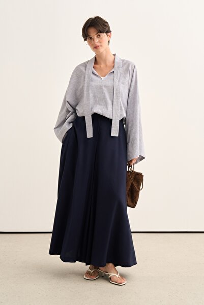 EBU Prive Women's Draped Flared Trouser Skirt Navy Blue