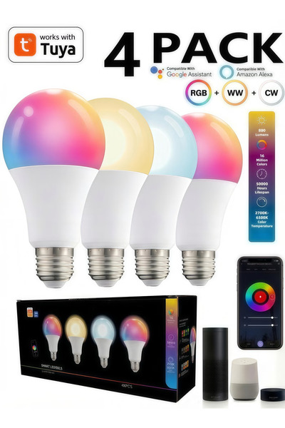 Baytvibes 4 قطع مصابيح LED ذكية بتقنية واي فاي، 16 مليون لون، مصابيح RGB E27،...