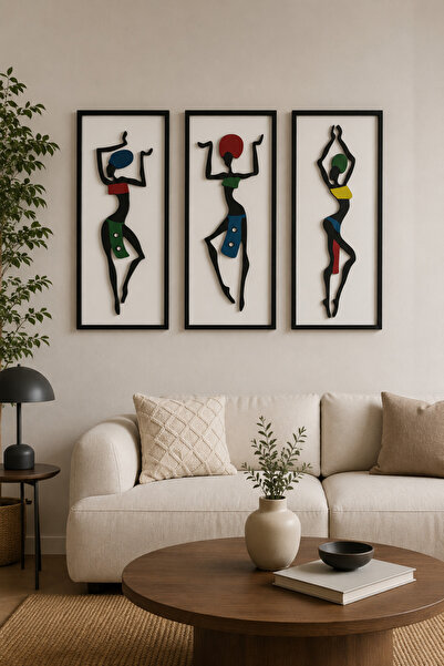 FourArts 3'lü Ahşap Soyut Afrikalı Kadın Tablo Seti – 3D Katmanlı MDF Duvar D...