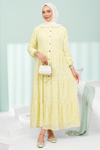 İmajButik Yellow Half-Buttoned Skirt Layered Jacquard Dress