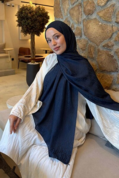 lamelif Ethnic Pattern Ayrobin Floral Jacquard Shawl Navy Blue