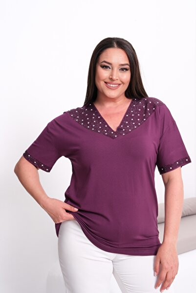 Esina بلوزة نسائية من الفيسكون بياقة على شكل حرف V مزينة بالأحجار واللؤلؤ