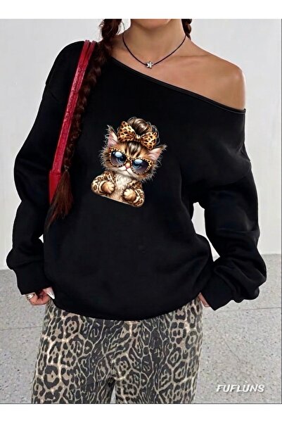 FUFLUNS Leopard Cat Printed Oversized Women's Boat Neck Sweatshirt