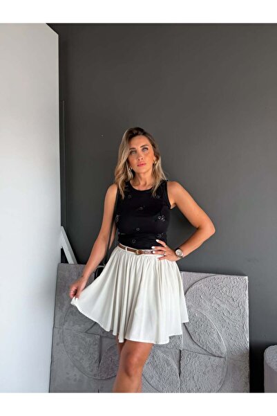 Zerrincan Giyim Bej Kemerli Beli Lastikli Şort Etek