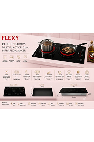 flexy موقد بالأشعة تحت الحمراء مزدوج مدمج بقوة 2800 واط |   منطقتان للطهي |  ...