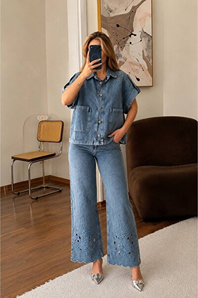 Nura Boutique Kadın Nakış Detaylı Denim Yelek Pantolon İkili Takım