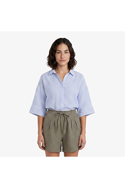 Nautica Kadın Mavi Regular Fit Kısa Kollu Çizgili Keten Gömlek