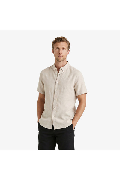 Nautica Erkek Bej Regular Fit Kısa Kollu Keten Gömlek
