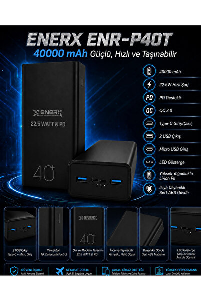ENERX ENR-P40T 40.000 mAh 22.5Watt Hızlı Şarj Powerbank – Siyah