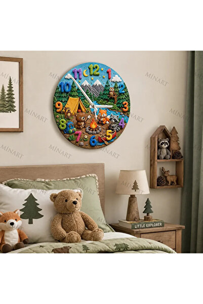 ensaat Forest Camping Animals Children's Room Wall Clock Silent Wooden Clock ...