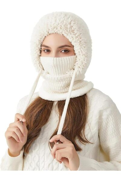 Arbest Women's 3-in-1 Beanie Hat,Sherpa Hood Knitted Ski Scarf and Mask Set,H...