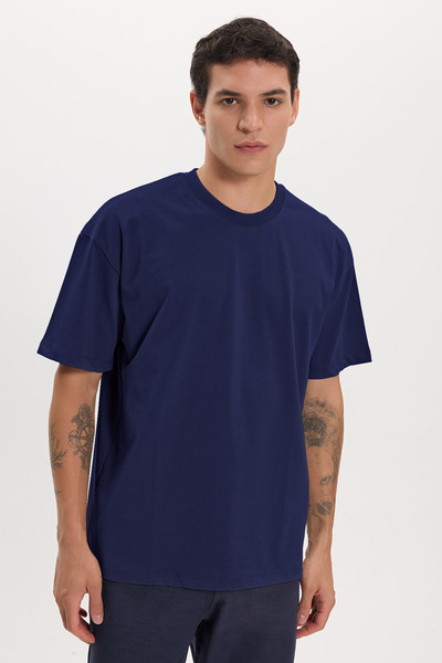 Tudors Men's Boxy Fit Loose Cut 100% Cotton Crew Neck Navy Blue T-Shirt