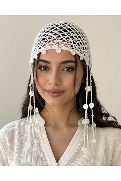 ceymora قبعة باندانا نسائية مصنوعة يدويًا ومزينة بالترتر واللؤلؤ وشريط شعر شبكي