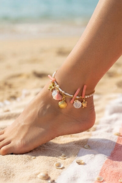 PETEK AKSESUAR 2 Pieces of Natural Stone Coral Turtle Sea Star Ankle Bracelets