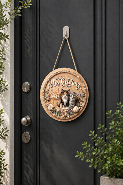 Lucena Wooden Mdf Round Door Ornament with Kitten Figure and Welcome Writing