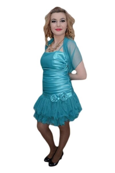 OEM Rochie scurta, nuanta de turcoaz, voal rafinat aplicat