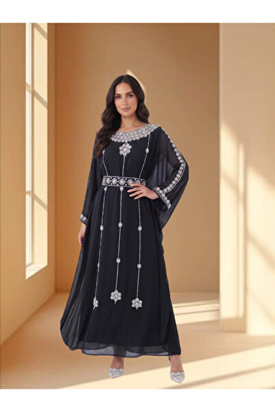 FNM Women's Rhinestone Embellished Chiffon Kaftan Dress - Belted Formal Maxi ...