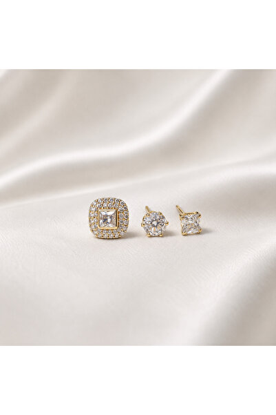 Yonida Jewelry 14K Gold Renk Kaplama Zirkon Taşlı Kare Ve Tektaş Detay Üçlü Ç...
