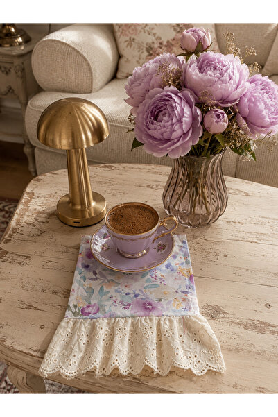 NURGİTA HOME Fırfırlı Fistolu Lila Kahve Sunum Peçetesi & Vintage Bardak Altl...