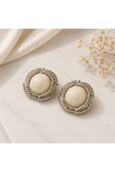 Silver İnci Görünümlü Vintage Bijuteri Küpe