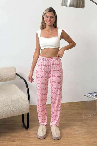 GİYSA Women's elastic waist bow patterned pajama bottoms pink - 2059