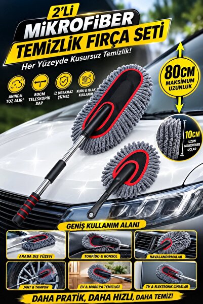 STANVOLT Teleskopik Saplı 2 Adet Mikrofiber Temizlik Fırça Seti İz Bırakmaz Çizmez Toz Alma Aparatı Araba Yıkama Ev Temizliği