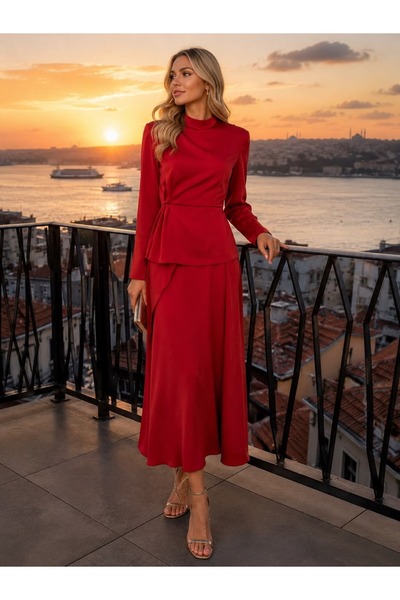 Zems Yüksek Bel Kırmızı Uzun Etek