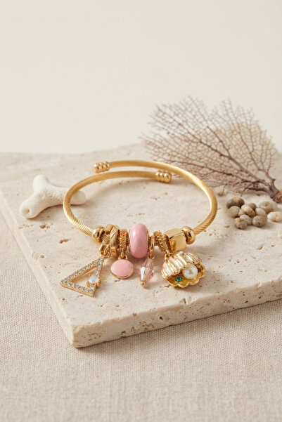 evimdeyokyok Pink Sea Shell Model Gold Color Charm Bracelet Tj-Bb8676