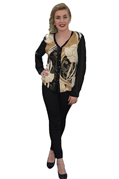 OEM Bluze cu maneca lunga, cu nasturi, in nuante de negru-auriu