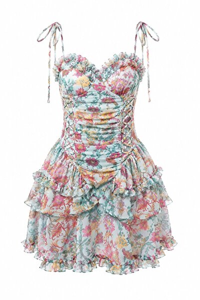 Laluvia Floral Mini Dress with Gathered Tie-Back Straps - 4219