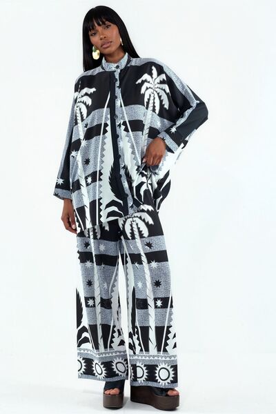 Hiccup Msn Geometric Patterned Knitted Shirt and Wide-Leg Pants Set