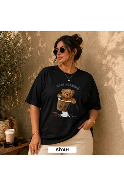 3S MODA Women's Plus Size Basic Good Morning Teddy Bear Digital Printed T-Shirt