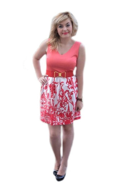 OEM Rochie casual, fara maneci, cu centura in talie, de nuante alb-corai