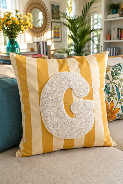 Pilloveland Punch Embroidered Throw Pillow Cover - 43*43 cm - Yellow Letter g...