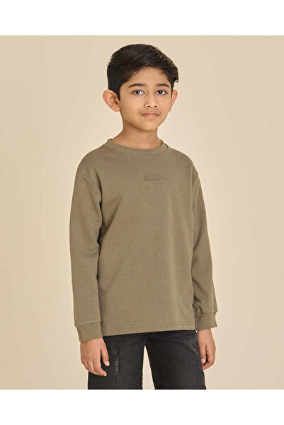 REDTAG Boys Olive Plain Long Sleeve Crew Neck T-Shirt
