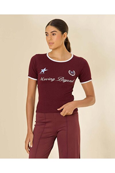 REDTAG Women Burgundy Printed Contrast Ribbed T-Shirt