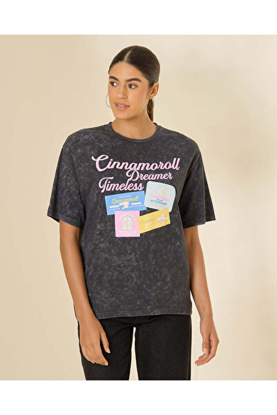 REDTAG Women Black Printed Cinnamoroll Oversized T-Shirt