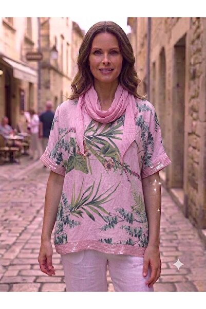 AYASOFYA OTANTIK Women's Italian Bali Patterned Loose Blouse with Sequin Deta...