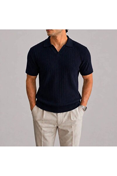 LUVON Navy Blue Polo V-Neck Short Sleeve Men's T-Shirt