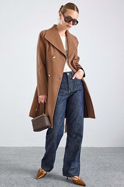 Olcay Woven Collar Metal Buttoned Double Breasted Coat Taba 3168