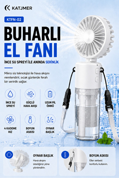 KATJMER KTFN-02 Buharlı Sulu El Fanı, 4 Kademeli Şarjlı Mini Vantilatör, İnce...
