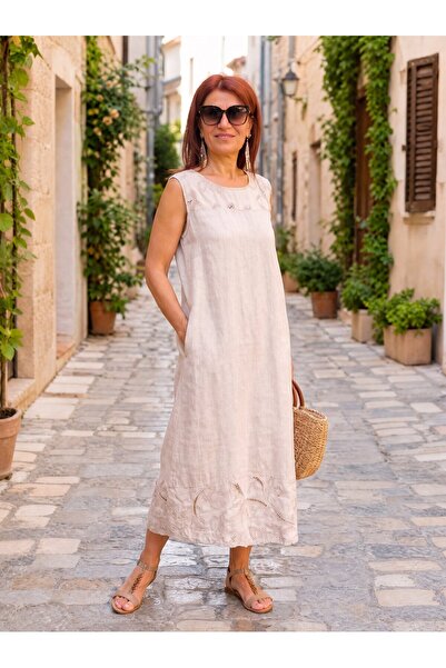 DenizEge Italian Raw Linen Guipure Dress Beige