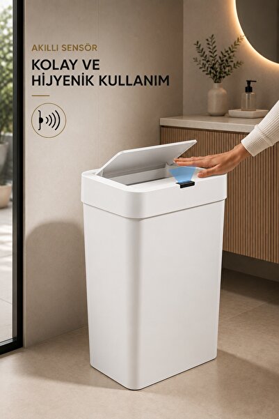 clasavm 50 Litre Büyük Boy Beyaz Sensörlü Çöp Kovası | Mutfak-Banyo Sessiz Kapatma Hareketli Çöp Kovası
