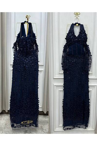 Reem bridal Navy Evening Dress with Embroidered Lace Gloves