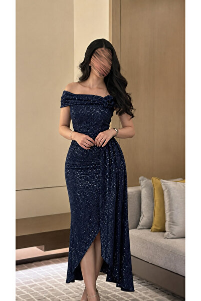 Generic Brand Navy Blue Shimmering Midi Evening Dress