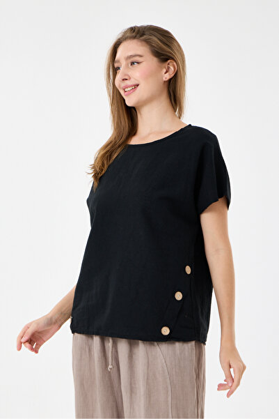 della moor Black Italian 60% Linen Oversize Blouse with Button Accessories, S...